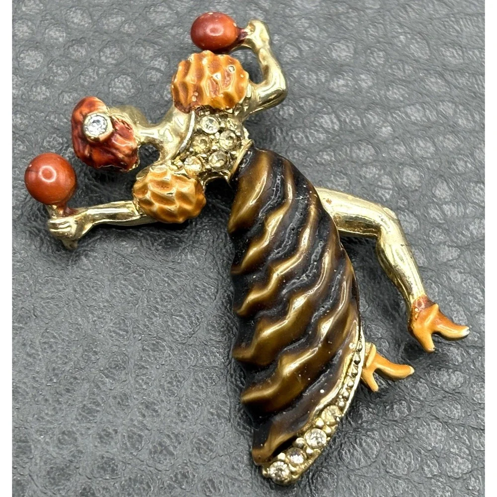 Vintage Cha Cha Dancer Rhumba Maracas Rhinestone Enamel Brooch Pin